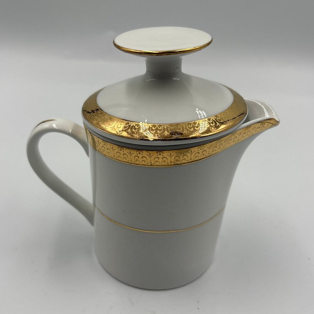 Vintage Sango Porcelain Creamer w/ Lid Georgetown 8455 Gold & White